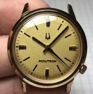 Vintage 1970 Bulova Accutron Gold Plated Yellow Tuning Fork 2180 Men's Watch - Picture 1 of 21