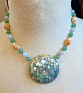 VINTAGE 1980/90s Bold Mosaic ABALONE SHELL Disc/ GEMSTONE BEADS Silver Stunning. - Picture 1 of 12