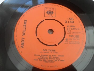 ANDY WILLIAMS: SOLITARE 1973 CBS RECORDS 45RPM NM - Image 1 of 2