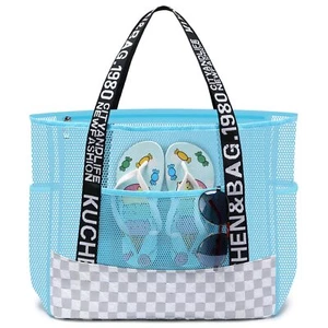 Large Beach Bag Tote - Foldable Pool Bag Shoulder Handbag Lightweight - Blue - Picture 1 of 9