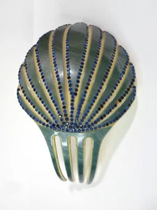 Antique ART DECO CELLULOID LADIES HAIR COMB - Teal Green & BLUE RHINESTONES 5.5" - Picture 1 of 7