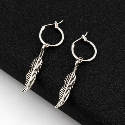 PENDENTE ORECCHINI PIUMA GANCIO DONNA METALLO UOMO COLOR ARGENTO rp - Immagine 1 di 4