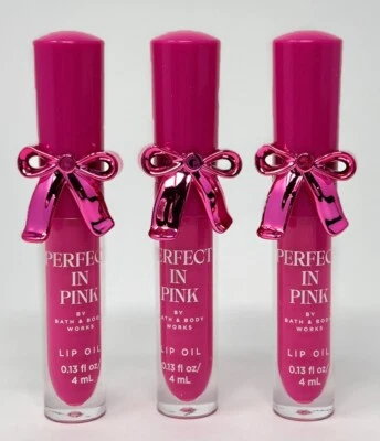 3 NEW BATH & BODY WORKS PERFECT IN PINK LIP OIL GLOSS SHINE BALM WAND PINK BOW - Image 1 of 4