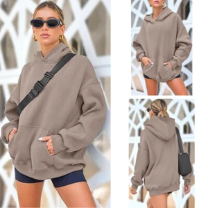 Women Plain Pullover Hoodie Long Sleeved Hooded Oversized Sweatshirt Sweats - Picture 1 of 8