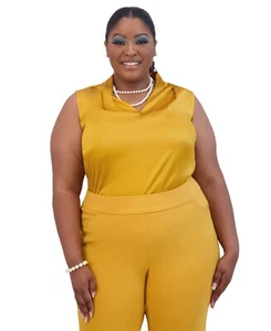 Kasper Plus Size V-Neck Sleeveless Pleat-Shoulder Top Women's 3X Gold Signature - Picture 1 of 15
