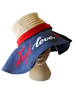 Disney Park Red White Blue "Laugh, Love, Micky" Wide Brim Floppy Womans Sun Hat - Picture 1 of 7