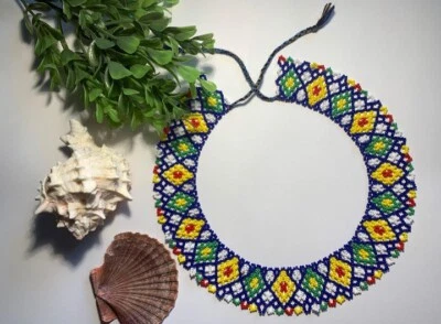 Ожерелье с бисером ожерелье из синих бусин летнее дизайнерское ожерелье богемный стиль  - Изображение 1 из 4