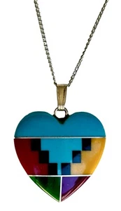 Zuni MosaicHeart Necklace Multi Stone w Ster Silver Inlay & 18” Sterling Chain - Picture 1 of 5