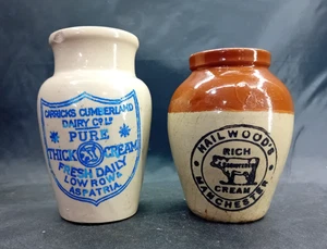 2 Antique Stoneware Cream Pots Carricks Cumberland Dairy & Hailwood's Manchester - Picture 1 of 8