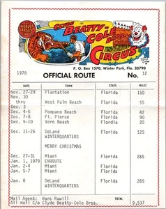 Vintage 1978 CLYDE BEATTY - COLE BROS. CIRCUS SCHEDULE Ephemera 7"x5.5" No. 12 - Picture 1 of 2