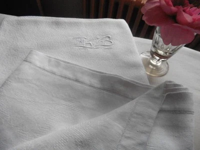 ANCIENNE NAPPE DAMASSE LIN BLANC OURLETS JOURS"LB"160X220 CM - Photo 1/4