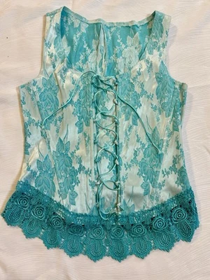 Corsé con cordones hecho a mano Aqua Brocado Top inspirado en colección sin mangas dobladillo de encaje S/M Foto 1 de 4