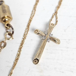 Beautiful Vtg 10k & 14k Yellow Gold Cross Necklace Log Diamond Christian 2 grams - Picture 1 of 11