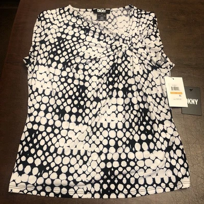Dkny Women Asymmetrical Neckline Dot Print Cap Sleeve Blouse Top Polyester New S - Image 1 of 4