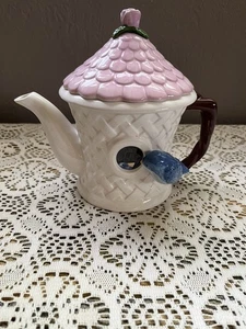 VTG Teleflora Birdhouse Teapot Blue Bird With Pink Lid & Flower Teapot. - Picture 1 of 13