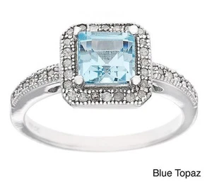 1.70ct Princess-Cut Blue Topaz and Pave Diamond Halo Ring in Sterling Silver - Picture 1 of 1