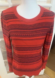 Merona Sweater Sz M Red Black Geo. Stripes Front Long Sleeve Tunic Pullover - Picture 1 of 8