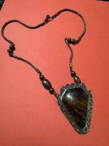 Vintage 950 Mahogany Obsidian pendant 19" STERLING SILVER Necklace - Picture 1 of 5