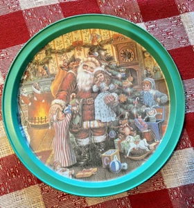 VTG Tin Serving Tray Victorian Santa, Children, Presents Christmas tree 13" - Picture 1 of 6
