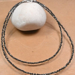 Black Hematite Faceted Round 2-3MM Gemstone Beaded Minimalist Women Necklace 24" - Picture 1 of 12
