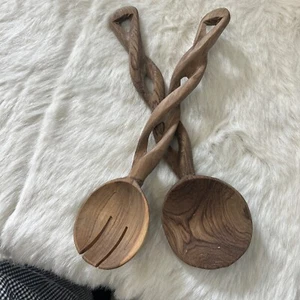 Hand Carved Olive Wood Twisted Handle Salad Tongs - Picture 1 of 10