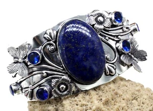 925 Sterling Silver Lapis Lazuli Gemstone Handmade Jewelry Cuff Bracelet S-ADJ - Picture 1 of 8