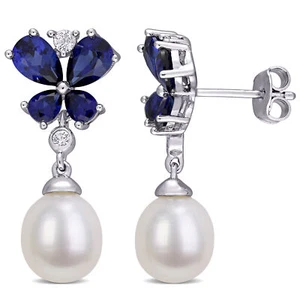Amour Silver Pearl Created white and Blue Sapphire Earrings - Picture 1 of 4