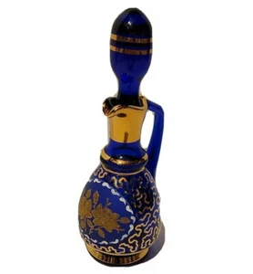 cobalt blue glass and gold floral decanter with stopper 8" - Picture 1 of 8