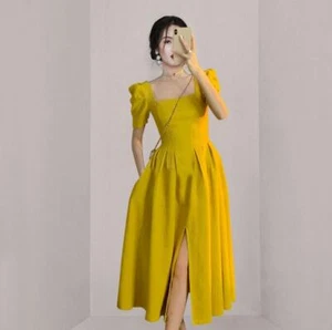 Womens 2022 Summer Fashion Square Neck Puff Sleeves Slit Flared Midi Dress F - Picture 1 of 7