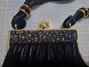 Antique Handbag Velvet Purse with Jeweled Frame and Leather Strap - Picture 1 of 4