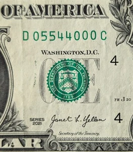 2021 $1 bill fancy serial number, trinary 2 pairs (5s 4s) rest 0s, 05544000 - Picture 1 of 3