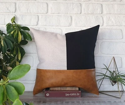 Camel faux leather -black-linen beige color block design pillow cover-1qty - Image 1 of 4