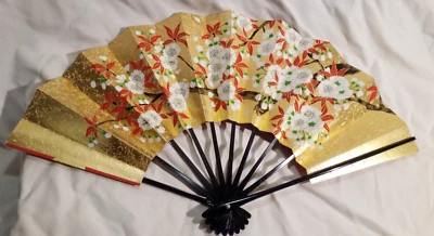 Ventilador de mano plegable japonés de 20" de colección con mango negro hermoso arte de 2 caras rojo y dorado Foto 1 de 4