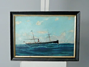 Steamer on the High Seas circa 1900 Oil on Plate Ship Portrait - Picture 1 of 6