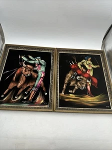 Vntg 1970 Pair Velvet Oil Paintings Matadors + Bulls Framed 19” x 15” Signed FG - Picture 1 of 20