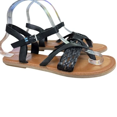 Toms Lexie Sandals Black Leather Ankle Strap Flats Thongs Woven Shoes sz 7 - Image 1 of 4