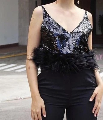 12TH TRIBE Women Black Sequins Feathers Cami Crop Top Medium Fairy Whimsigoth - Image 1 of 4