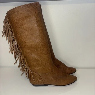 Botas Western Para Mujer Talla 7 Marrón Cuero Botas Bruja Flecos Capricho EE. UU. Foto 1 de 4