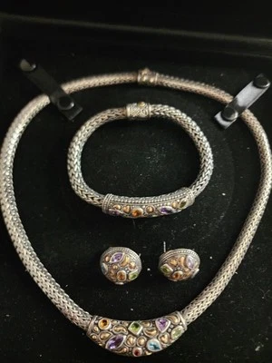 Benham BJC Sterling 925 & 18k YG Amethyst Peridot Gemstone Necklace 18" Ear Set - Image 1 of 4