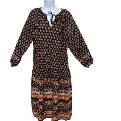 Old Navy Peasant Midi Dress Small Brown Abstract Tiered  Fairy Grunge Work Boho - Image 1 of 4