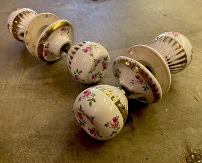 Two Antique Porcelain Door Knob Sets Roses with Gold Trim - Image 1 of 4