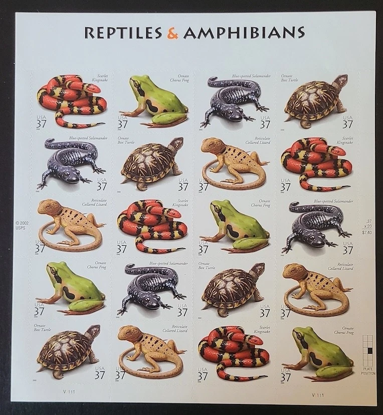 US 2002 #3814-3818 (3818a) 37c Reptiles and Amphibians sheet of 20 MNH - Image 1 of 1