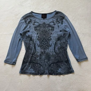 Damen y2k Fairy Grunge schwarz & blau abstrakt 3/4 Arm Top Größe L - Bild 1 von 7