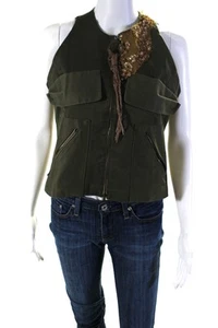 Haute Womens Sleeveless Round Neck Zippered Sequined Vest Green Tan Size 42 - Picture 1 of 6
