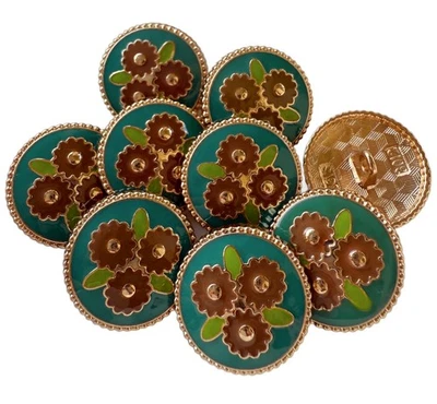 5PC Teal Green Burgundy Flower Gold Metal Buttons Crafts Shank Buttons 22mm - Image 1 of 3