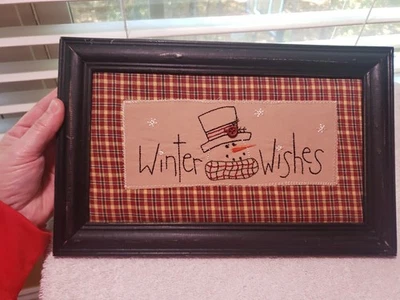 Muñeco de nieve rústico país "deseos de invierno" 7,5x12 decoración de pared enmarcada Foto 1 de 4