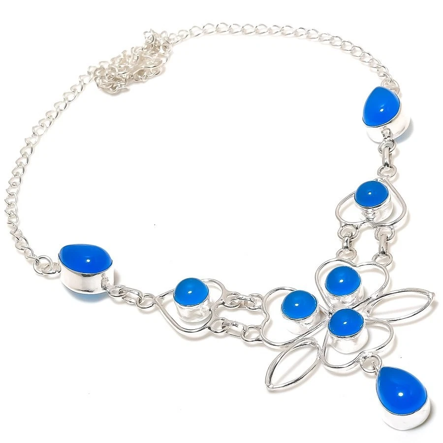Collar de joyería de plata de ley 925 con piedras preciosas de calcedonia tamaño 18" Foto 1 de 1