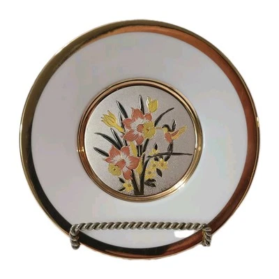 Placa de pared grabada Art of Chokin Japón 6" usada en excelente estado colibrí oro 24K plata Foto 1 de 4