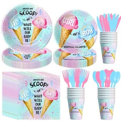Ice Cream Gender Reveal Party Tableware for 24 Plates Cups Napkins Set - Image 1 of 4
