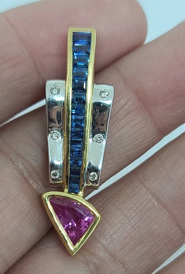 LeVian 18K White & Yellow Gold Natural Blue/Pink Sapphire, Diamond Arrow Pendant - Image 1 of 4